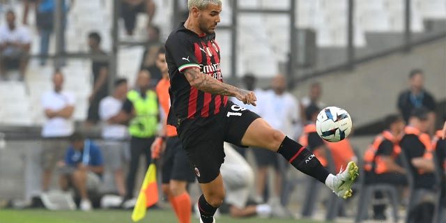 AC Milan's Theo Hernandez in action during the Friendly match between Marseille and Milan AC at Orange Velodrome on July 31, 2022 in Marseille, France.