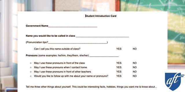 American Federation of Teachers promoted "pronoun card" for teachers to use in classrooms.