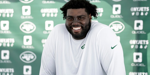 New York Jets tackle Mekhi Becton speaks to the media at the NFL football team's practice facility on July 27, 2022 in Florham Park, NJ.