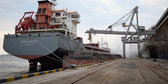 In this photo provided by the Ukrainian Presidential Press Office, a Turkish Polarnet cargo ship is loading Ukrainian grain in a port in Odesa region, Ukraine, Friday, July 29, 2022.