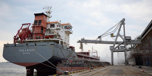 In this photo provided by the Ukrainian Presidential Press Office, a Turkish Polarnet cargo ship is loading Ukrainian grain in a port in Odesa region, Ukraine, Friday, July 29, 2022.