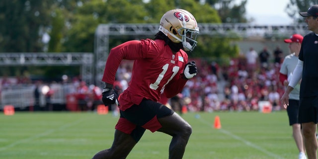 San Francisco 49ers wide receiver Brandon Aiyuk takes part in drills at the NFL team's practice facility in Santa Clara, California, on July 30, 2022. 