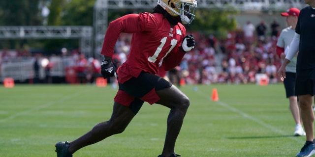 San Francisco 49ers wide receiver Brandon Aiyuk takes part in drills at the NFL team's practice facility in Santa Clara, California, on July 30, 2022.