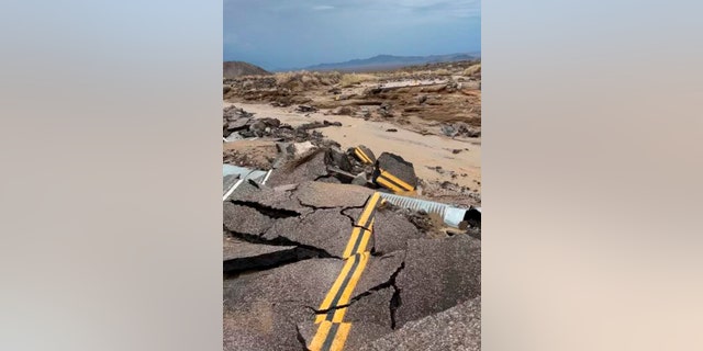 Flash floods in eastern California, western Nevada, and northern Arizona damaged roads in and out of Death Valley National Park, like this damaged section of Kelbacker Road and Mojave Road.