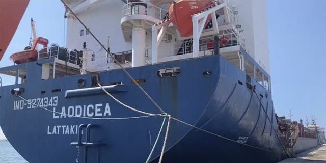 FILE - This frame grab from a video, shows a Syrian cargo ship Laodicea docked at a seaport, July 29, 2022, in Tripoli, north Lebanon.
