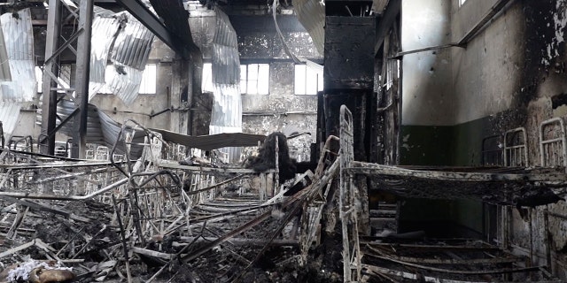 A destroyed barrack at a prison in Olenivka, in an area controlled by Russian-backed separatist forces, eastern Ukraine, on July 29, 2022.