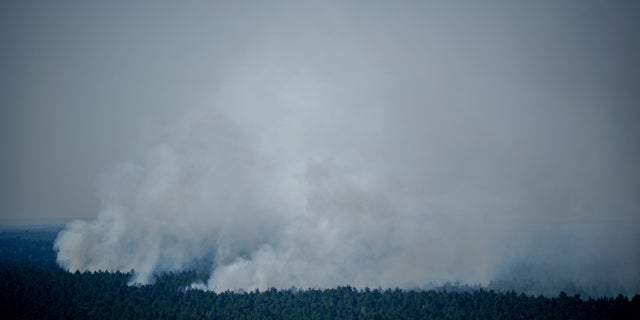 Smoke rises in Grunewald forest in Berlin, Germany, Thursday, Aug. 4, 2022. (Kay Nietfeld/dpa via AP)