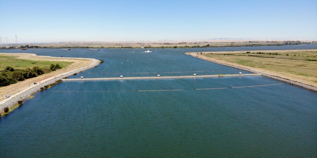 An emergency drought barrier that protects against saltwater intrusion, built by the California Department of Water Resources, stretches across the West False River in the Sacramento-San Joaquin River Delta near Oakley, California.