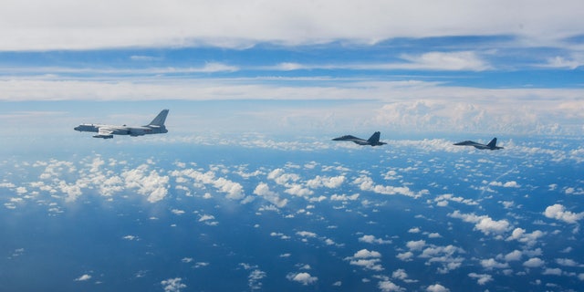 Aircraft of the Eastern Theater Command of the Chinese People's Liberation Army (PLA) conduct a joint combat training exercises around the Taiwan Island on Sunday, Aug. 7, 2022. (Li Bingyu/Xinhua via AP)