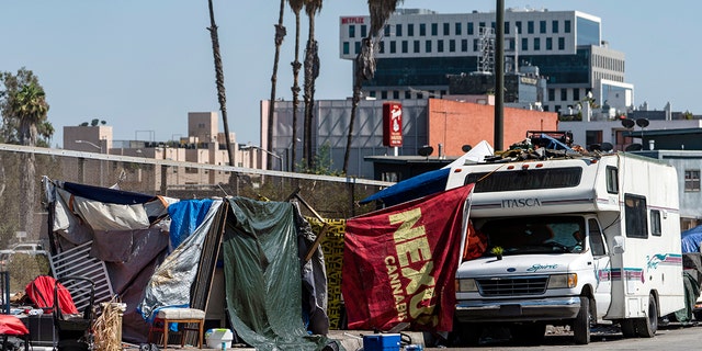 Des campements de sans-abri bloquent la rue sur un viaduc de l'autoroute Hollywood à Los Angeles.  Les résultats publiés jeudi à partir d'un décompte récent ont révélé une légère augmentation du nombre de sans-abrisme dans le comté de Los Angeles.