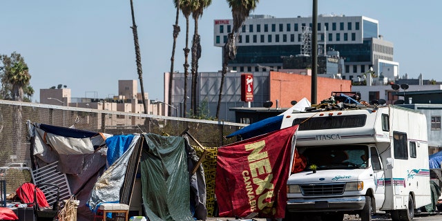 Homeless encampments block the street on an overpass of the Hollywood freeway in Los Angeles. Results released Thursday from a recent count revealed a slight increase in homelessness in Los Angeles County.