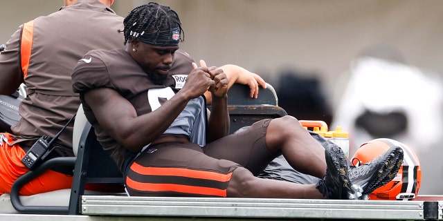 Cleveland Browns wide receiver Jakeem Grant Sr. walks off the field after being injured during a drill during the team's training camp on August 9, 2022 in Berea, Ohio.
