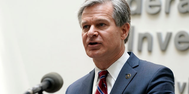 Christopher Wray speaking at an event in Nebraska