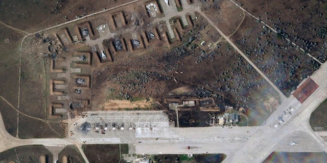 This satellite image provided by Planet Labs PBC shows destroyed Russian aircraft at Saki Air Base after an explosion Tuesday, Aug. 9, 2022, in the Crimean Peninsula, the Black Sea peninsula seized from Ukraine by Russia and annexed in March 2014. 