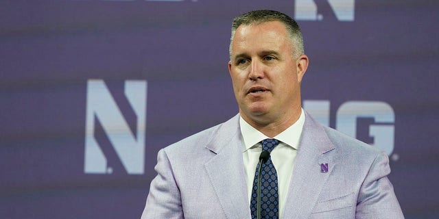 FILE - Northwestern head coach Pat Fitzgerald talks to reporters during an NCAA college football news conference at the Big Ten Conference Media Days at Lucas Oil Stadium, Tuesday, July 26, 2022, in Indianapolis. Northwestern is set to kick off its season on Aug. 27, 2022, against Nebraska. 