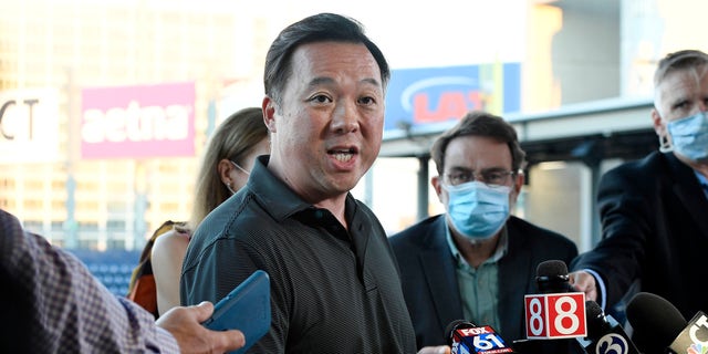 Federal officials have agreed to recognize Connecticut pardons as legally valid again and stop deporting people who have been pardoned for their crimes by a state board. Pictured: Connecticut Attorney General William Tong speaks to the media during a watch party for the Democratic National Convention. 