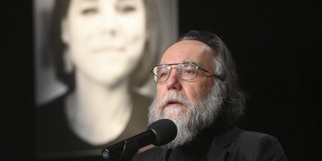 Philosopher Alexander Dugin speaks during the final farewell ceremony for his daughter Daria Dugina in Moscow Tuesday, August 23, 2022. 