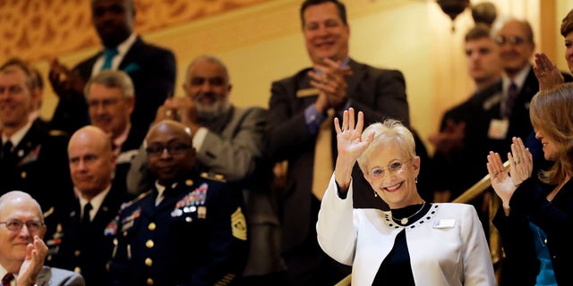 Sandra Deal waves as she is acknowledged by a round of applause before the State of the State address by her husband, Georgia Gov. Nathan Deal, on the House floor in Atlanta on Jan. 11, 2017. Sandra Deal died from brain cancer on Tuesday, Aug. 23, 2022, at age 80 at her home in Demorest, Georgia.