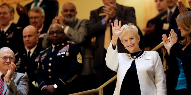 Sandra Deal waves as she is acknowledged by a round of applause before the State of the State address by her husband, Georgia Gov. Nathan Deal, on the House floor in Atlanta on Jan. 11, 2017. Sandra Deal died from brain cancer on Tuesday, Aug. 23, 2022, at age 80 at her home in Demorest, Georgia.