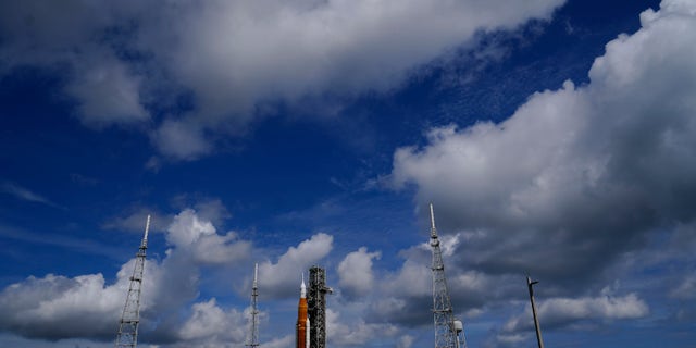 The new NASA moon rocket is seen on Launch Pad 39-B at the Kennedy Space Center, Saturday, Aug. 27, 2022, in Cape Canaveral, Fla. The Artemis mission launch is scheduled for Monday Aug. 29.