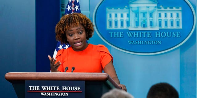 White House Press Secretary Karine Jean-Pierre speaks before an exchange with Fox News correspondent Peter Doocy about migrants entering the United States without vaccination during the daily briefing at the White House in Washington on Monday.