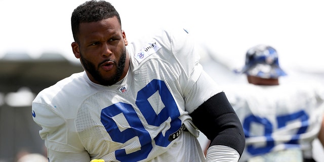 Los Angeles Rams linebacker Aaron Donald, #99, during training camp at UC Irvine on July 30, 2022.