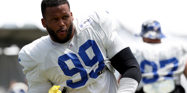 Los Angeles Rams defensive lineman Aaron Donald, #99, during training camp at the University of California, Irvine on July 30, 2022.