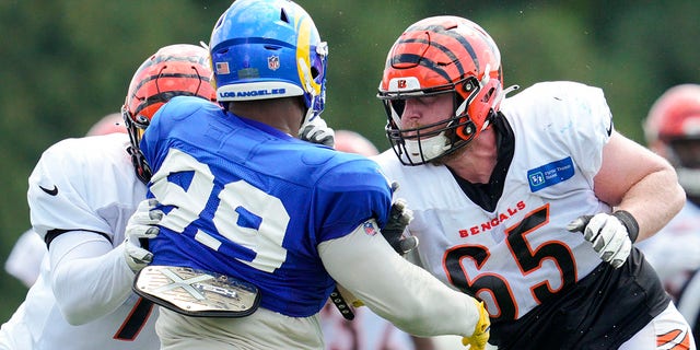 Cincinnati Bengals guard Alex Cappa (65) and offensive tackle La'el Collins, left, block Los Angeles Rams defensive tackle Aaron Donald (99) during a drill at the team's NFL football training facility on Wednesday, Aug. 24, 2022, in Cincinnati.