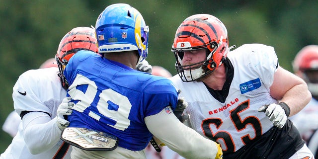 Cincinnati Bengals guard Alex Kappa, 65, and offensive tackle Rael Collins, left, face Los Angeles Rams defensive tackle Aaron Donald during a training session at the team's NFL football training facility in Cincinnati, Wednesday, Aug. 24, 2022. Block (99).  .