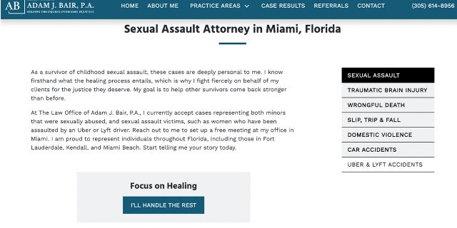 A screenshot of Adam Bair's law firm website. He includes sexual assault cases as an area of expertise.