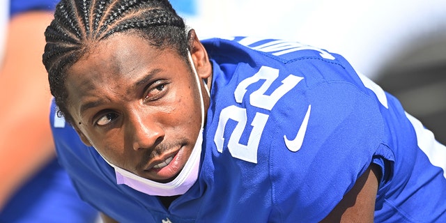 Cornerback Adley Jackson of the New York Giants during a second half game against the Cleveland Browns at FirstEnergy Stadium in Cleveland, Ohio on August 22, 2021.