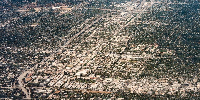 An aerial view shows the densely populated areas of Pasadena and Arcadia north of Los Angeles.