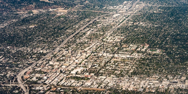 An aerial view shows the densely populated areas of Pasadena and Arcadia north of Los Angeles.