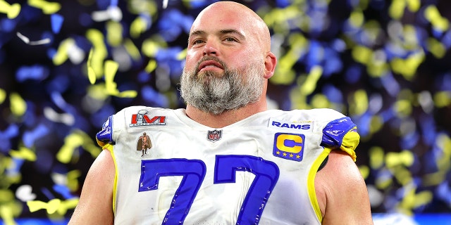 Andrew Whitworth of the Los Angeles Rams celebrates Super Bowl LVI at SoFi Stadium in Inglewood, CA on February 13, 2022.