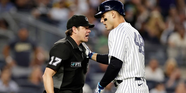 New York Yankees' Anthony Rizzo talks with home plate umpire D.J. Reyburn during the third inning against the Tampa Bay Rays on Aug. 15, 2022, in New York.