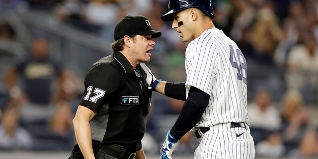 New York Yankees' Anthony Rizzo talks with home plate umpire D.J. Reyburn during the third inning against the Tampa Bay Rays on Aug. 15, 2022, in New York.