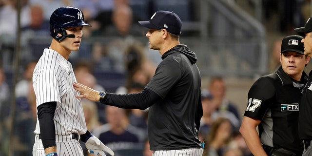 New York Yankees manager Aaron Boone, center, separates Anthony Rizzo, left, from home plate umpire D.J. Reyburn during the third inning against the Tampa Bay Rays at Yankee Stadium on Aug. 15, 2022, in New York.