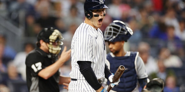 Anthony Rizzo of the New York Yankees reacts after the third inning call against the Tampa Bay Rays at Yankee Stadium in New York on August 15, 2022.