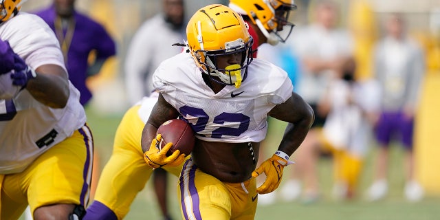 LSU running back Armoni Goodwin (22) carries the ball during NCAA college football practice in Baton Rouge, La., Wednesday, Aug. 17, 2022.