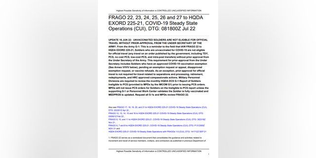 U.S. Army FRAGO dated July 8, 2022, obtained exclusively by Fox News Digital.