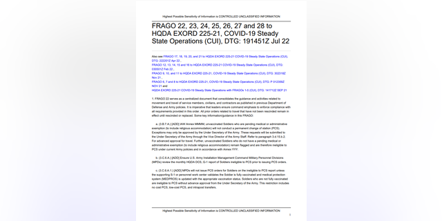 U.S. Army FRAGO dated July 19, 2022, obtained exclusively by Fox News Digital.
