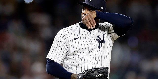 New York Yankees pitcher Aroldis Chapman is shown during the ninth inning against the Toronto Blue Jays in New York on Aug. 19, 2022.