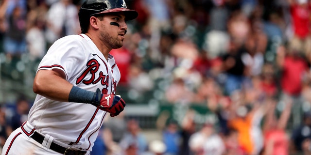 Austin Riley of the Atlanta Braves hit a game-winning RBI single in the ninth inning on July 31, 2022 in Atlanta against the Arizona Diamondbacks.