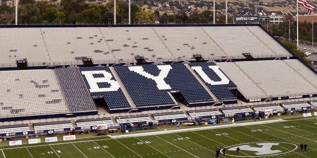 A full view of Lovell Edwards Stadium before the Utah Uts game against the Brigham Young Cougars on September 9, 2017 in Provo, Utah.