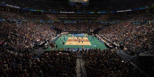 A view inside Chesapeake Energy Arena (now called Paycom Center) during a college volleyball match between Penn State and BYU in Oklahoma City, Oklahoma.