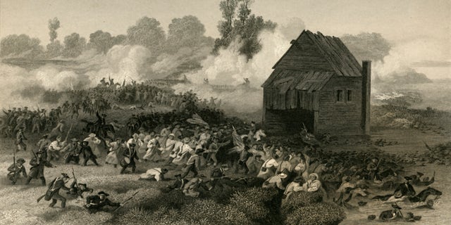Battle of Long Island — Retreat of the Americans under General Stirling Across Gowanus Creek (1877). The battle (also known as the Battle of Brooklyn Heights) was fought on August 27, 1776, the first major battle of the American Revolutionary War to take place after the U.S. declared its independence on July 4, 1776. Engraving after a painting made in 1858 by Alonzo Chappel; from "Our Country: a Household History for All Readers, from the Discovery of America to the Present Time," Volume 2, by Benson J. Lossing (Johnson and Miles, New York, 1877). 