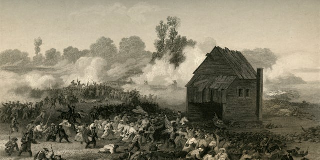 Battle of Long Island - Retreat of the Americans under General Stirling Across Gowanus Creek (1877). Battle (also known as the Battle of Brooklyn Heights) fought on August 27, 1776, the first major battle of the American Revolutionary War to take place after the U.S. declared its independence on July 4, 1776. Engraving after a painting made in 1858 by Alonzo Chappel. From "Our Country: a Household History for All Readers, from the Discovery of America to the Present Time," Volume 2, by Benson J. Lossing. (Johnson & Miles, New York, 1877)