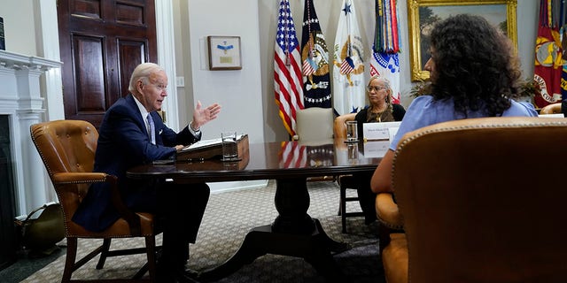 President Joe Biden speaks during a meeting with state and local elected officials about reproductive health care, in the Roosevelt Room of the White House, Friday, Aug. 26, 2022, in Washington.