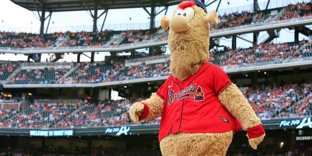 Braves mascot Blooper parades around before the game between the Washington Nationals and the Atlanta Braves at Truist Park in Atlanta, Georgia, on July 8, 2022.