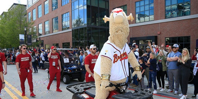 Braves mascot Blooper entertains the fans prior to the game between the Atlanta Braves and Cincinnati Reds at Truist Park in Atlanta, Georgia, on April 7, 2022.
